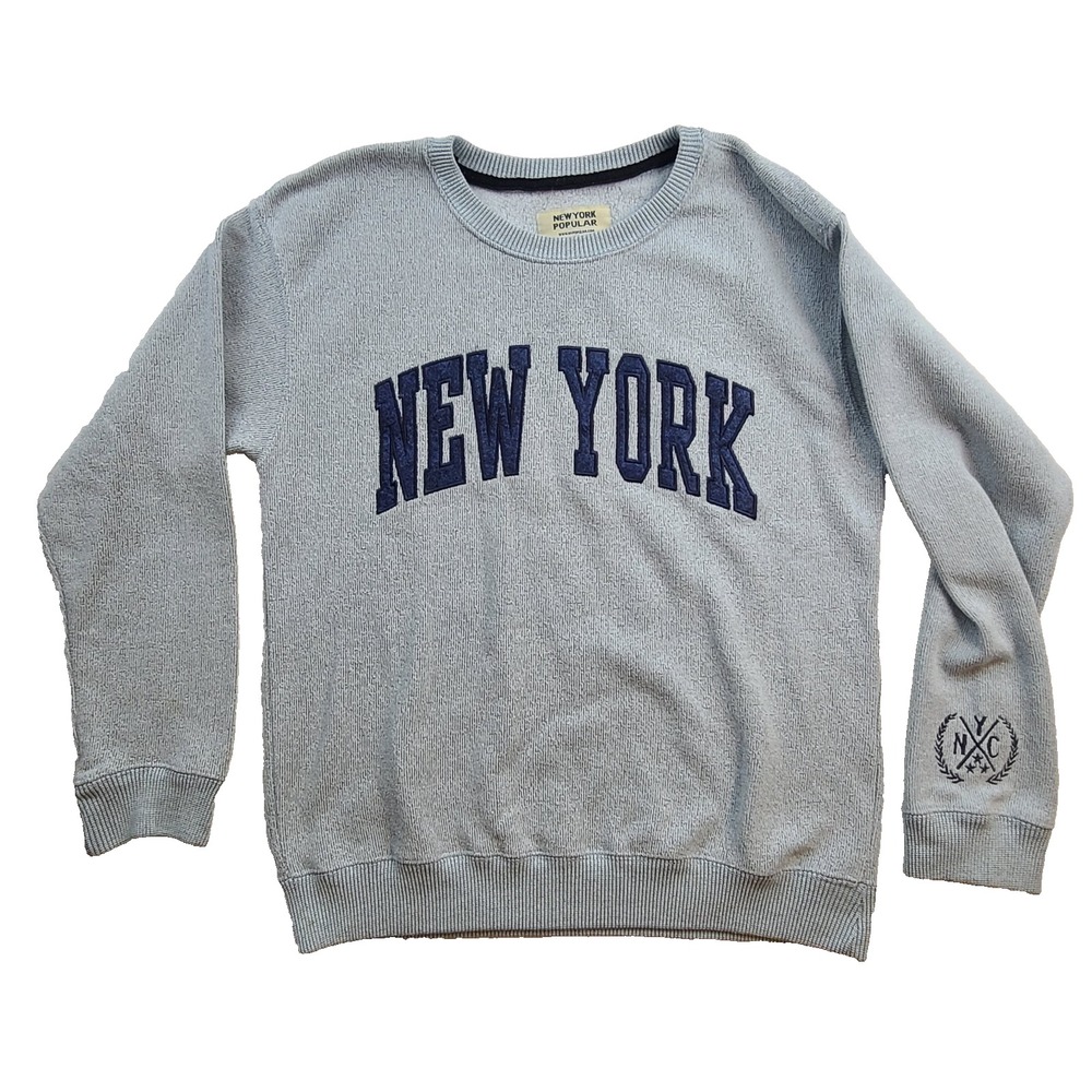 New York Popular Mens Grey Crewneck Sweatshirt Medium Embroidered Pullover